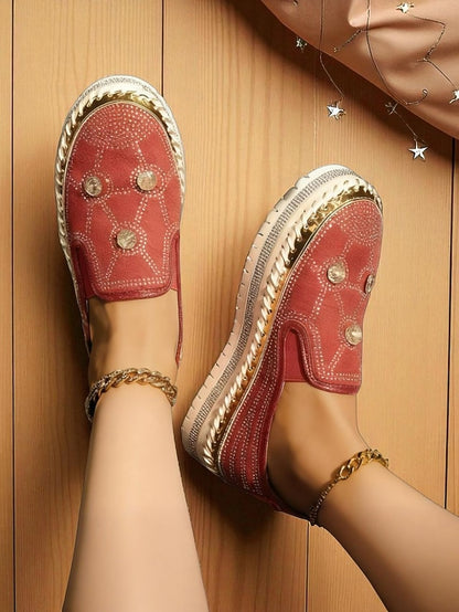 Rhinestone Red Platform Sneakers with Studs Slip-On Women's