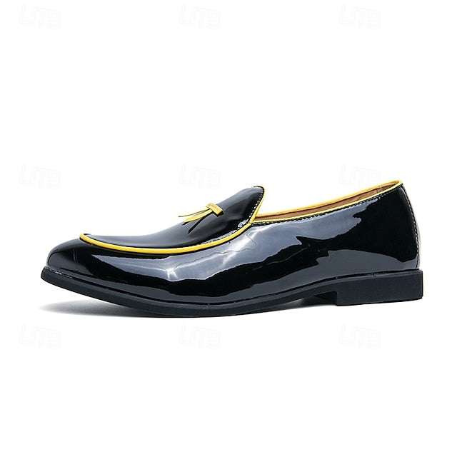Leather Loafers Men's with Trim Yellow Patent Black Faux