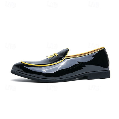 Leather Loafers Men's with Trim Yellow Patent Black Faux