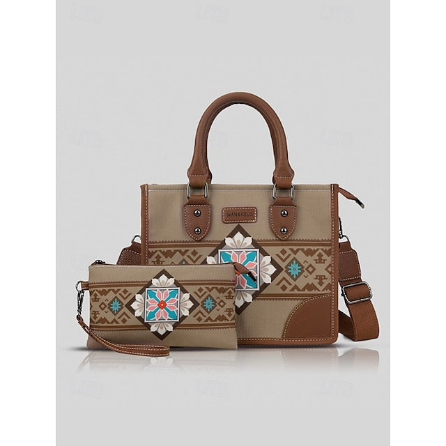 Women's Ethnic Set Faux Handbag and with Leather Canvas
