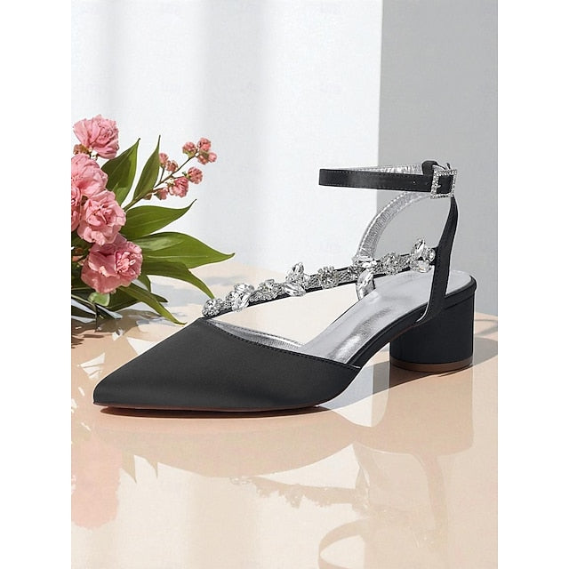 Satin Rhinestone Purple Women's Block with Heel Pumps