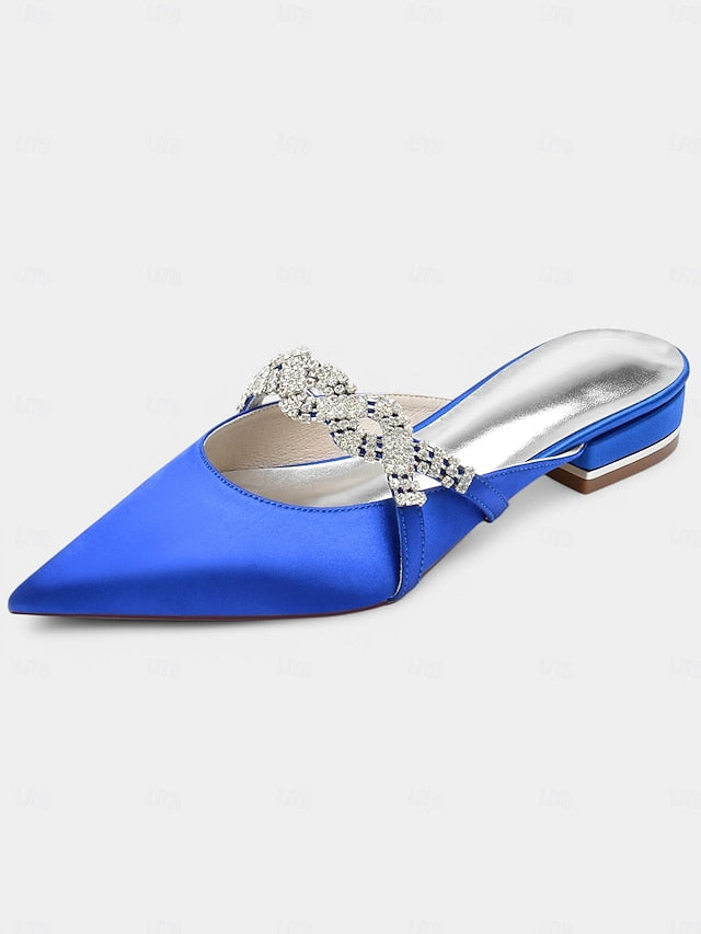 - Rhinestone with Heels Satin Pointed-Toe Mule Blue Detailing