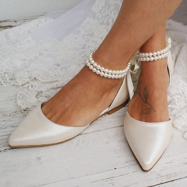 Women's Strap White – Bridal Pearl Flats Ankle Elegant