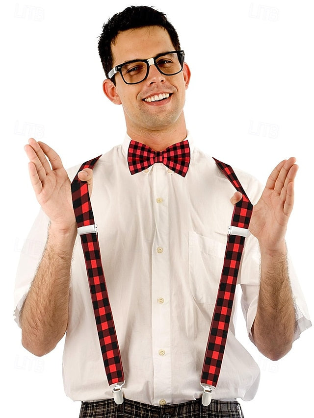 Set Suspender Tie and Christmas Bow Men's Adjustable Plaid
