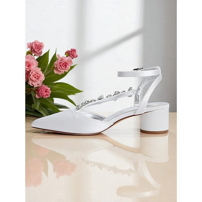 Satin Rhinestone Purple Women's Block with Heel Pumps