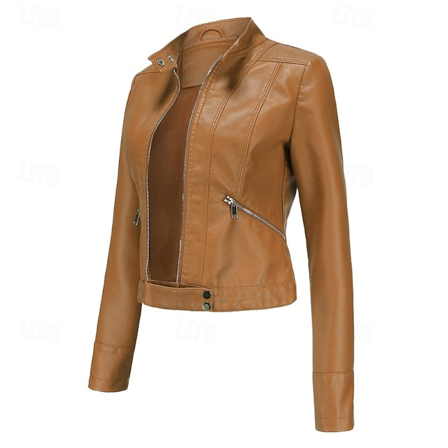 Women's Jacket Zipper Leather Faux Pocket Comfortable