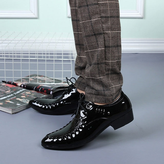 Black - Men's Leather Shoes Faux Crocodile Patent