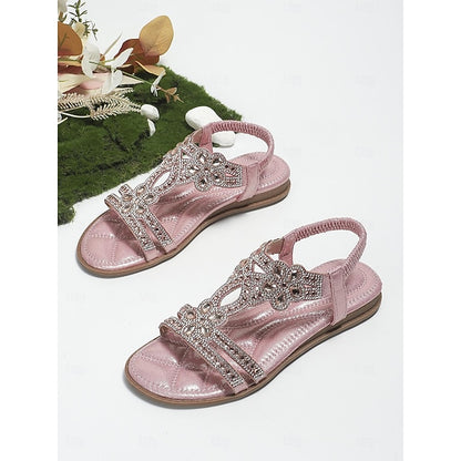 Rhinestone – Flat Boho Silver Sandals Women's T-Strap