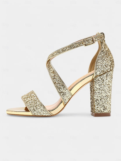 Glitter Women's Block Gold Sandals Heel