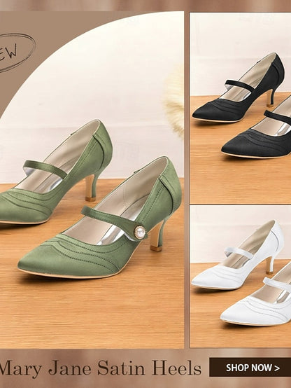 Pearl Button Mary Heels Green - Jane Elegant with Satin
