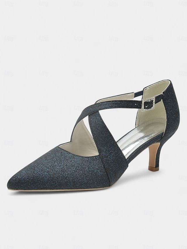 White Heels Glitter Cross Rhinestone Buckle with Kitten Strap