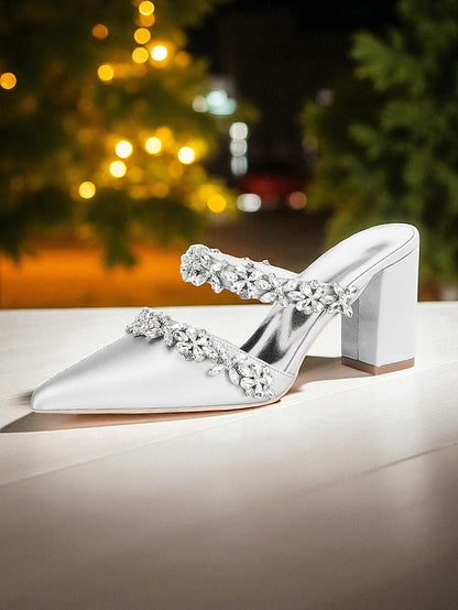 Heel Block Mules with Black Satin Floral Rhinestone Women's