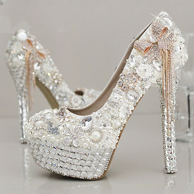White Women's Embellished Rhinestone and Platform Pearl