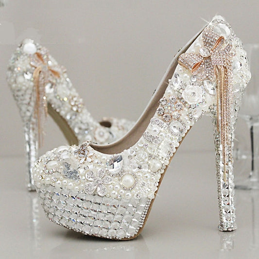 White Women's Embellished Rhinestone and Platform Pearl