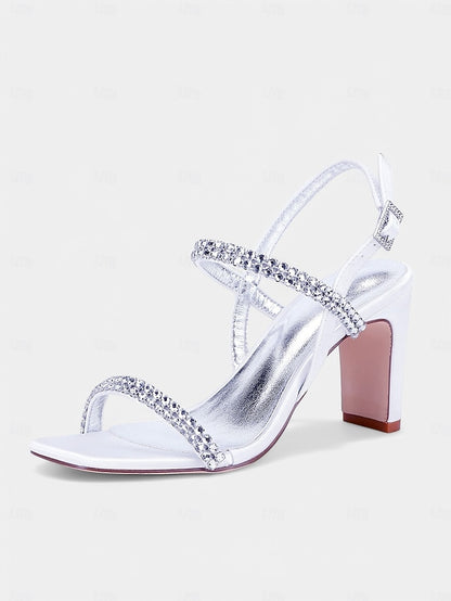 Heel Prom White Bridal – Rhinestone Sandals Women's Block