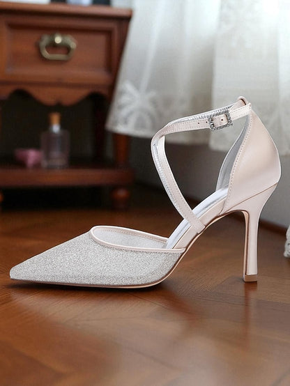 Heels Strap Elegant Silver - Ankle Women's Glitter Stiletto
