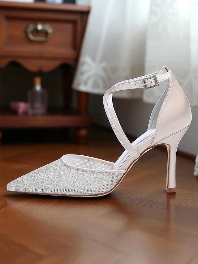 Strap Glitter Women's Silver Stiletto Heels Ankle Elegant -