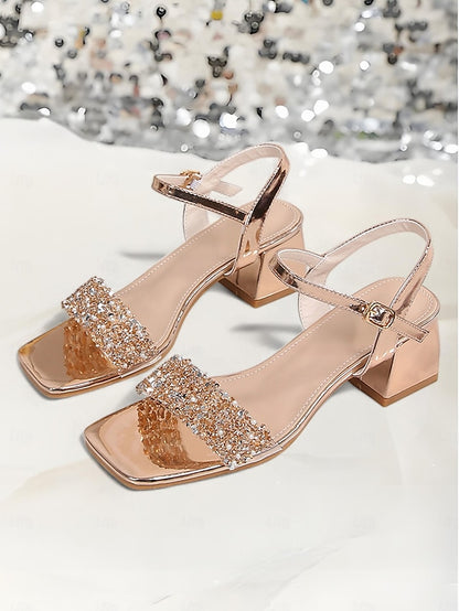 – Wedding Heel Women for Gold Sandals Rhinestone Block Elegant
