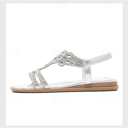 Rhinestone – Flat Boho Silver Sandals Women's T-Strap