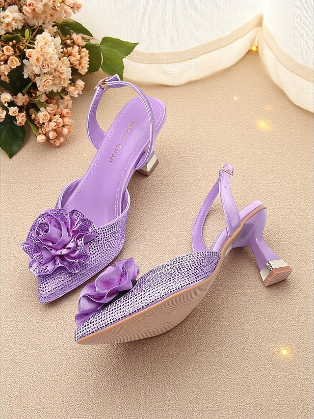 Rhinestone Heels Floral Slingback Women's with Purple
