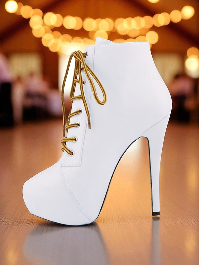 Leather Ankle Beige Platform Faux Women's - Boots Lace-Up