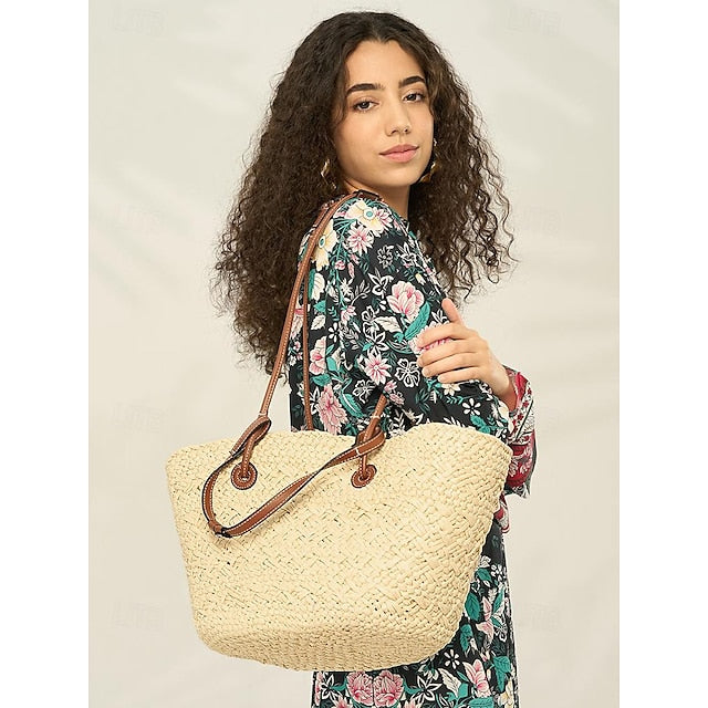 Chic Large Bag Straw Tote with Straps Women's Leather Boho