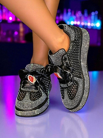 White Women's Rhinestone Sneakers Ribbon with Laces Satin