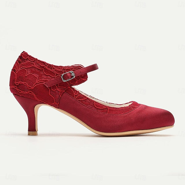 Comfortable Satin Red Mid-Heel Lace Heels - Women's Elegant