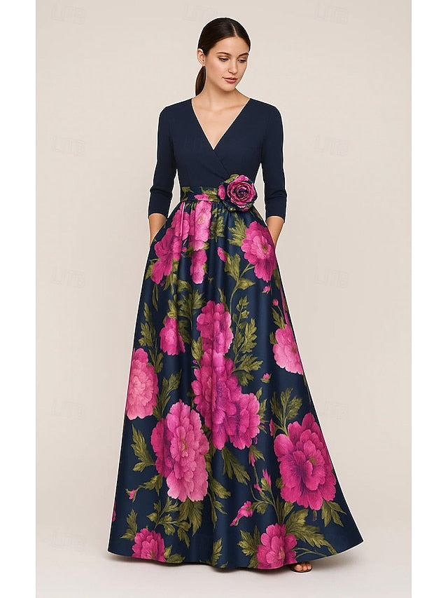 Mother Floral Evening Print A-Line of Bride Elegant Gown the