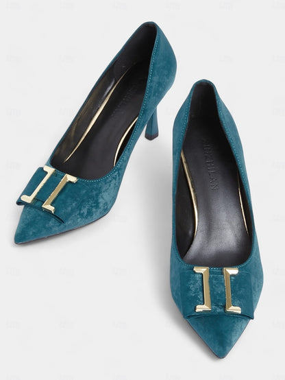 Elegant Toe Teal Kitten Velvet Heel Pointed Women's Pumps -