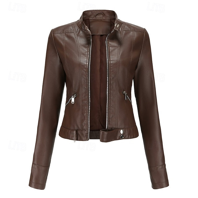 Women's Jacket Zipper Leather Faux Pocket Comfortable