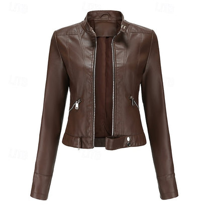 Women's Jacket Zipper Leather Faux Pocket Comfortable