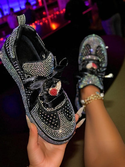 White Women's Rhinestone Sneakers Ribbon with Laces Satin