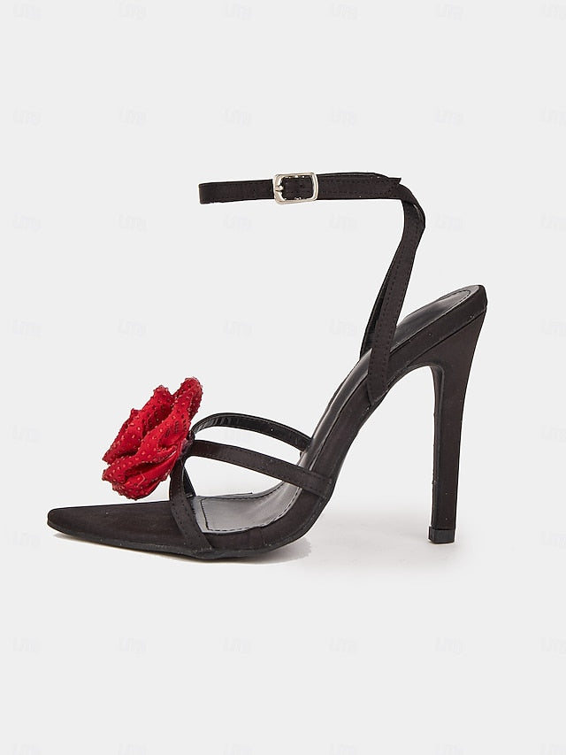 Black Embellishments Heel Chic with High Red - Sandals Floral