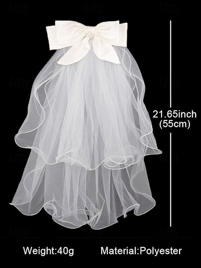 Ivory with - Soft Elegant Ribbon Tulle Bridal Satin and Veil