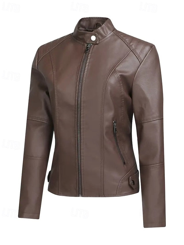 Pocket Women's Leather Faux Zipper Jacket Comfortable
