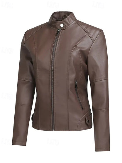Pocket Women's Leather Faux Zipper Jacket Comfortable