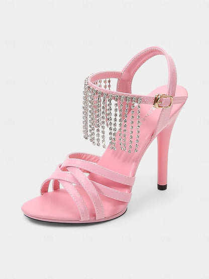 Rhinestone Sandals Leather Patent Stiletto Women's with Red