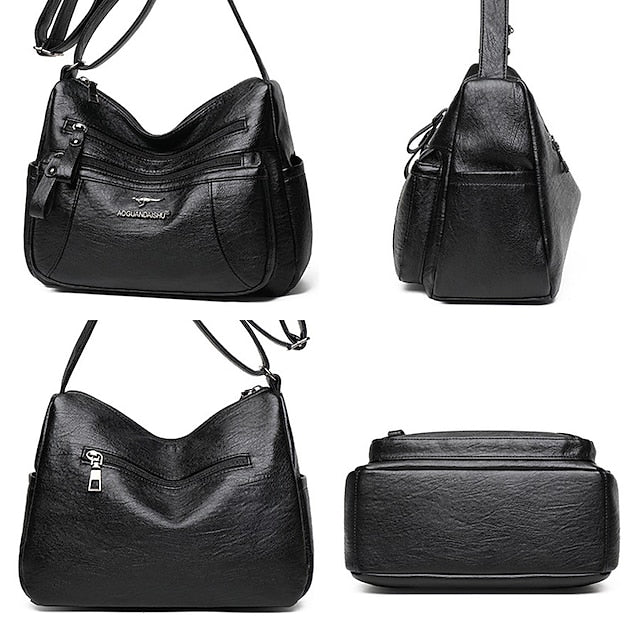 Shoulder Women's Bag Leather Black – Faux Multi-Pocket