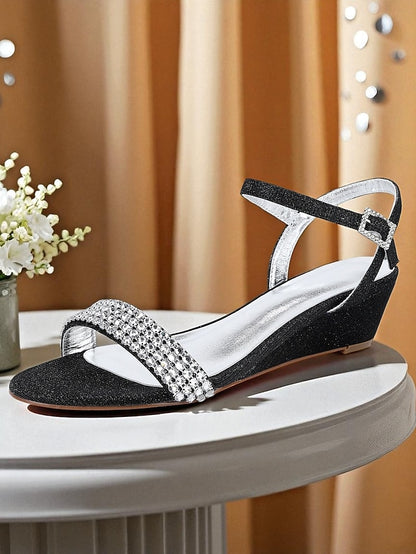 Open - Rhinestone Sandals Champagne Wedge Toe Women's