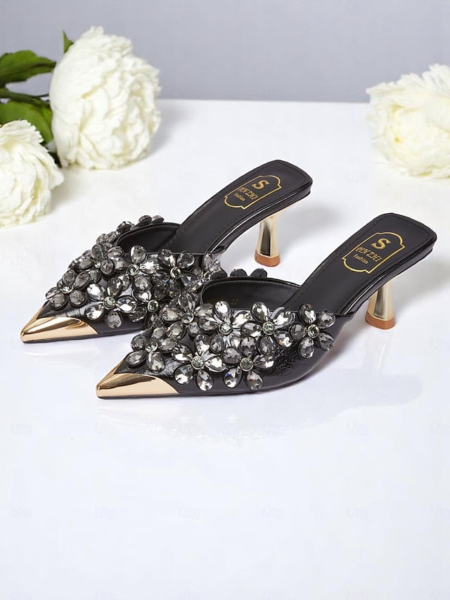 Mules Pointed-Toe Embellished – Black Rhinestone Women's