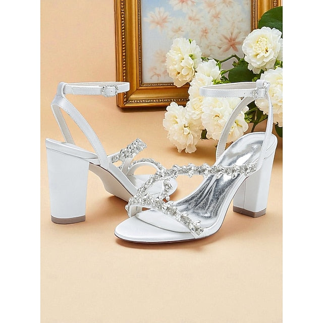 Heel Sandals Block Straps Women's - Rhinestone White with