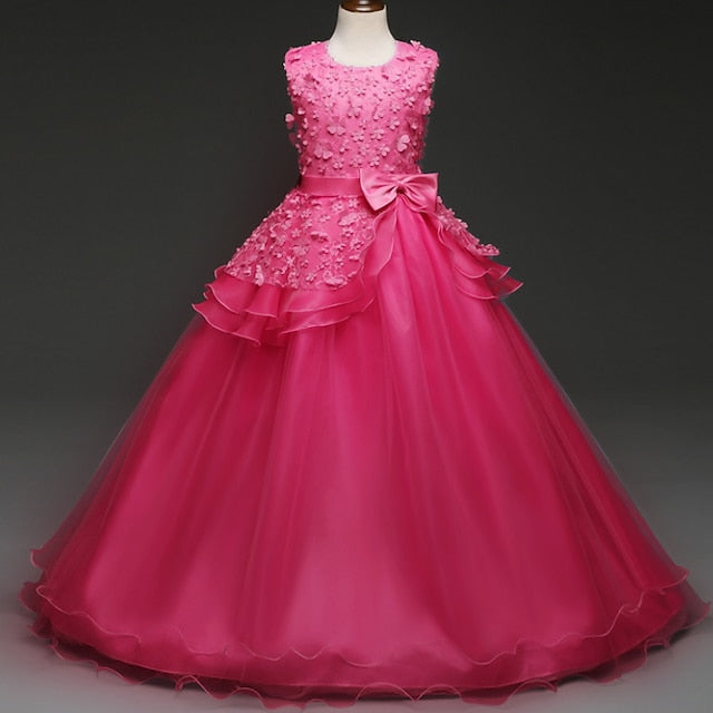 Girl Girls' Colored Kids Flower Solid Dress