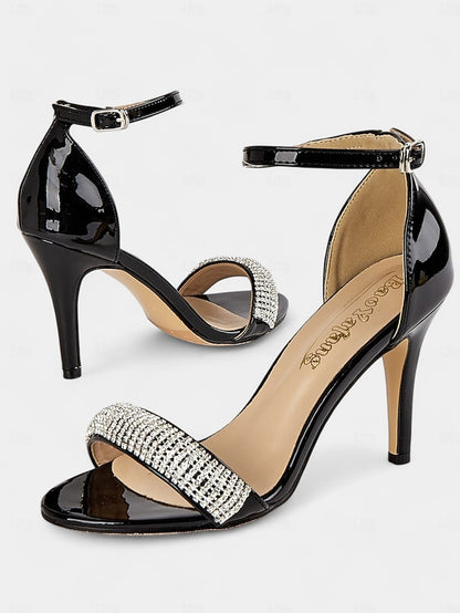 Rhinestone Black Patent with Sandals Leather High Heel