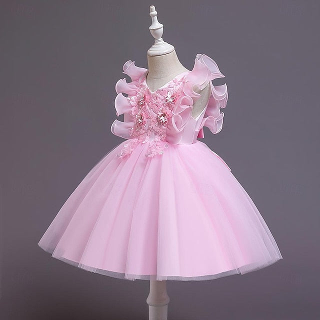 Party Color Flower Sequin Kids Solid Girls' Dress