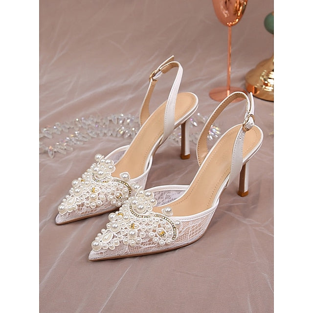 Kitten Slingback White with Pearl-Embellished Heel Pointed-Toe