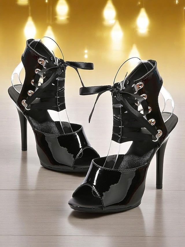 Cutout Black Women's Sandals Sexy Patent Stiletto - Lace-Up