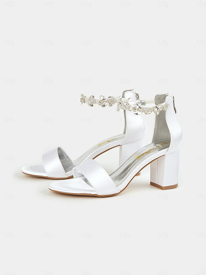Ankle Block White with Heel Sandals Bridal Floral Strap Satin