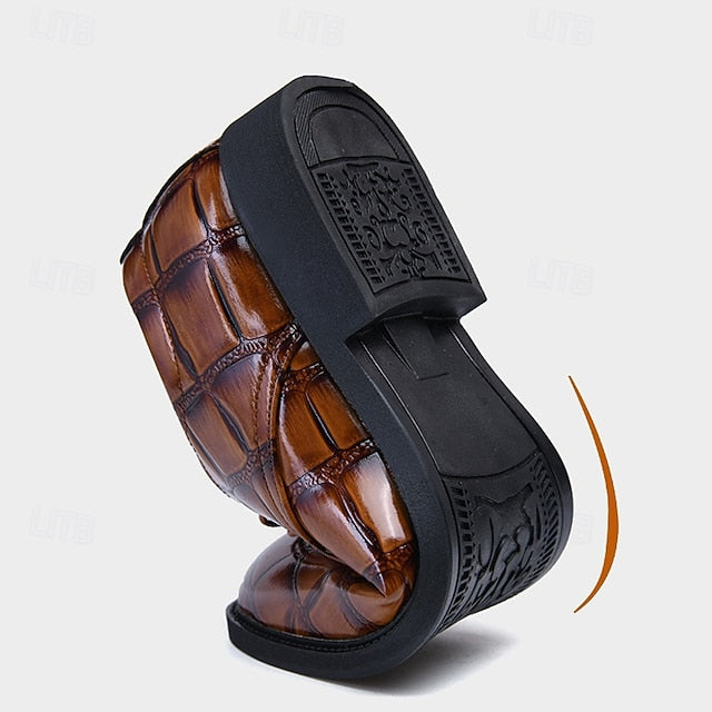 Leather Crocodile-Pattern Shoes Men's Brown