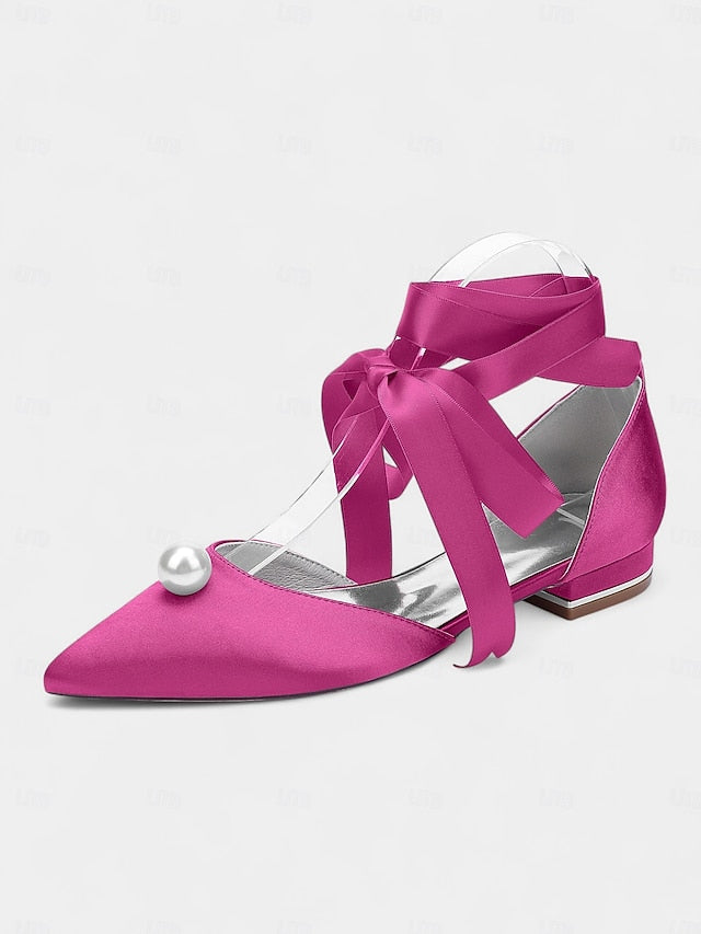 - Navy Pearl Satin Pointed Flats Embellished Toe Women's